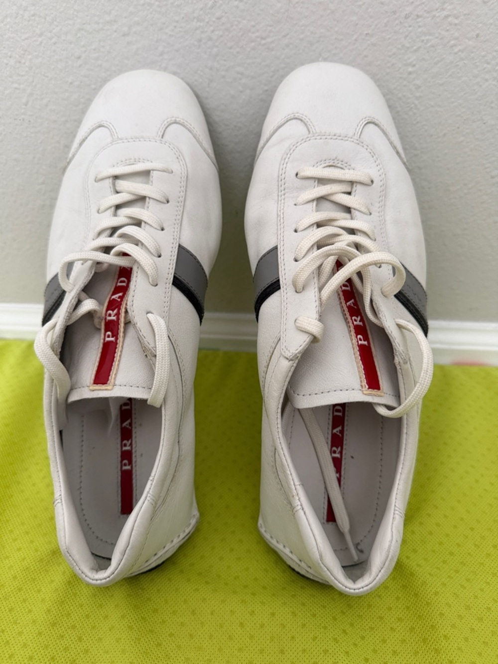 Prada White Leather Sneakers with Black and Gray Side Stripe